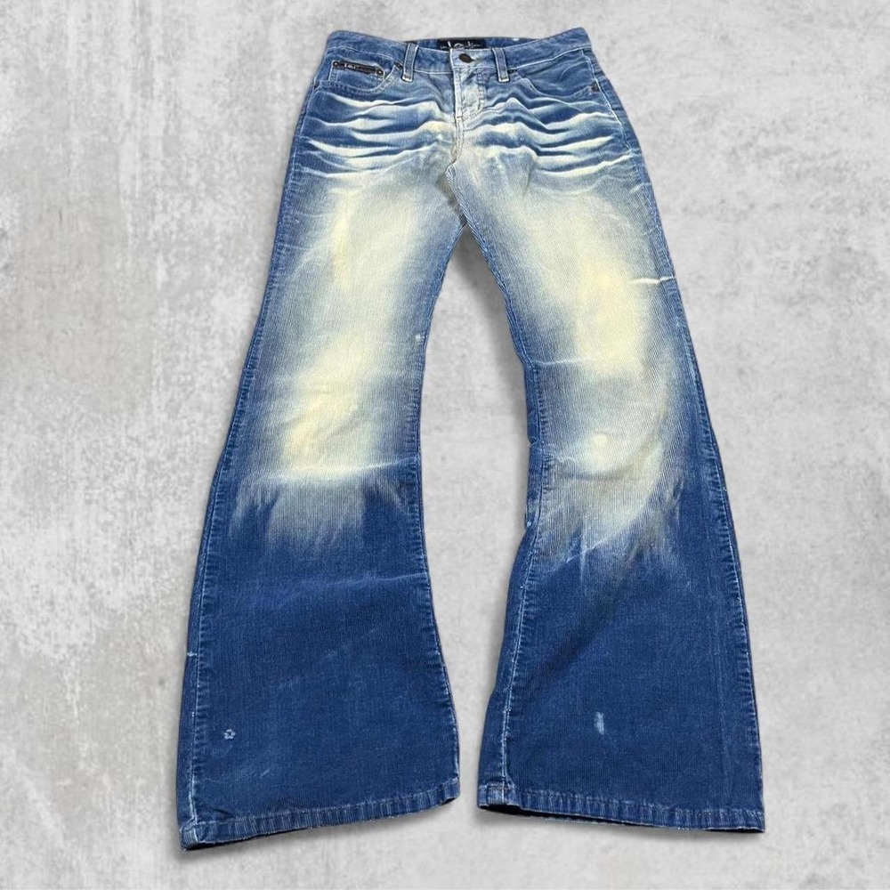 LEI Blue Corduroy Flare Jeans Whiskered Faded Low Rise Y2K Vintage Size 3